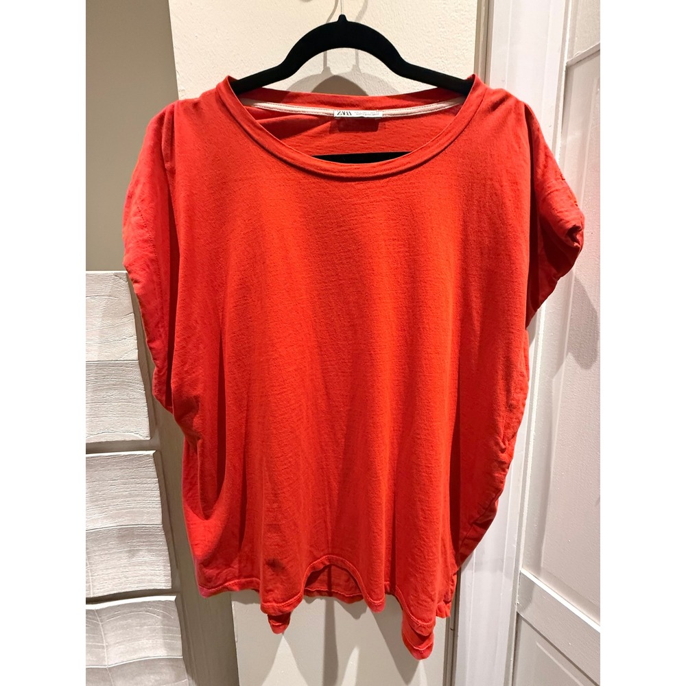 Zara Womens Oversized Short Sleeve Crew Neck Tee Orange Red Size L